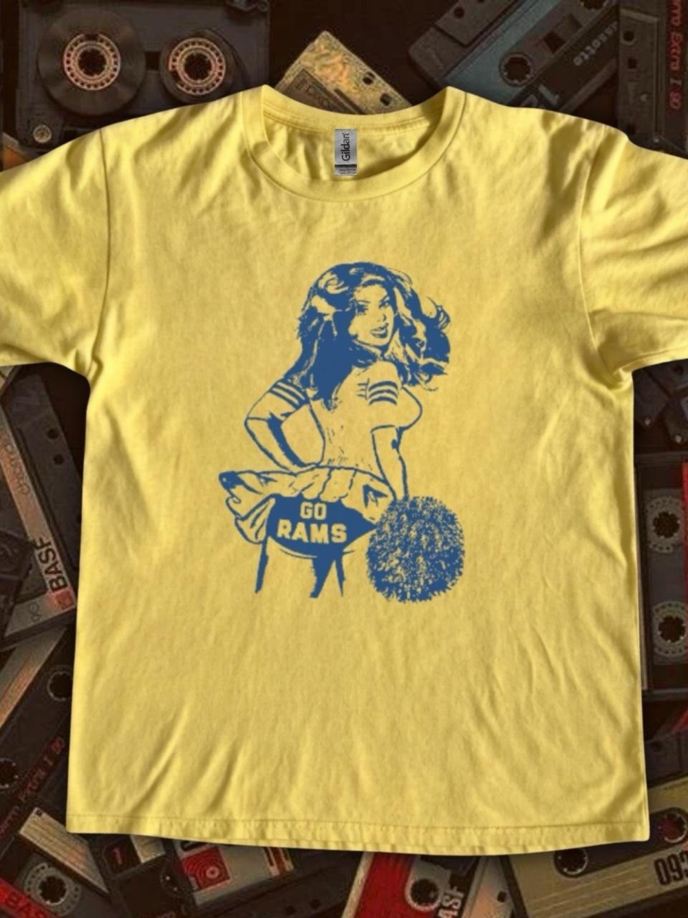 Gildan Yellow Tee with Blue 'Go Rams' Cheer Graphic